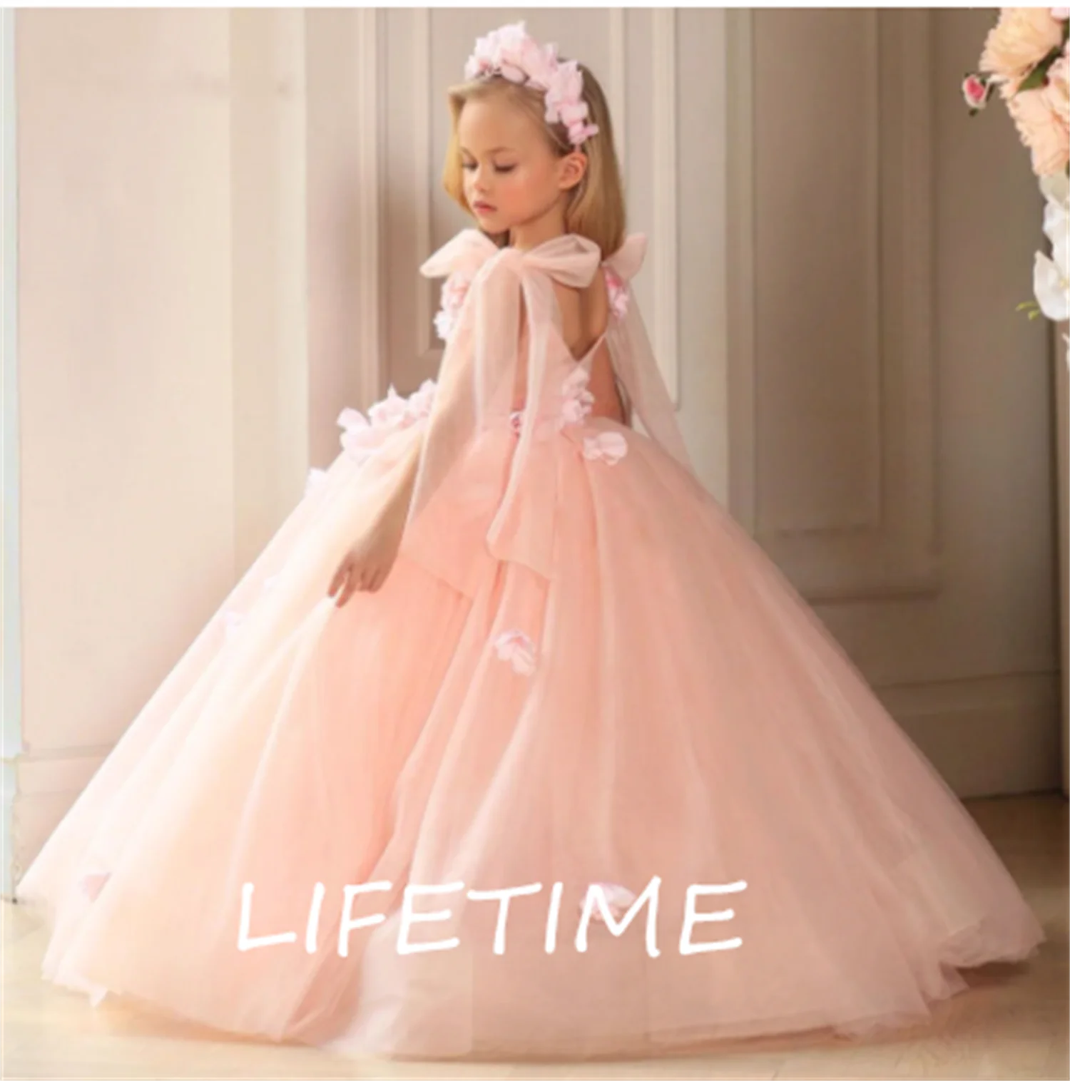 

Puffy Tulle Pink Flower Girl Dresses Sleeveless Princess Dress Girl Wedding Party Gown First Communion Dress Kids Cloth