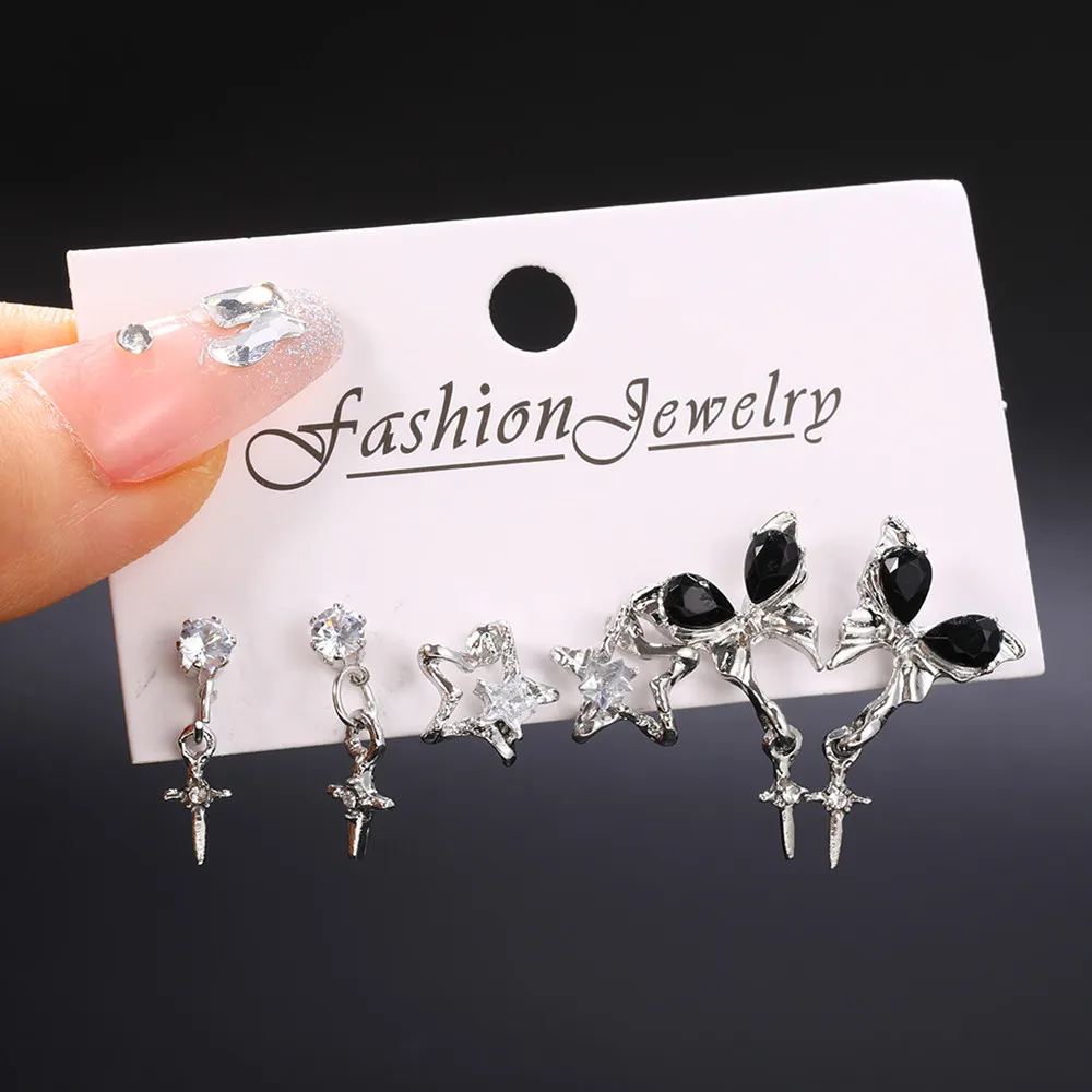 Goth Black Butterfly Crystal Star Earring Set For Women Girl Vintage Aesthetic Heart Stud Earring Trendy Y2K Jewelry Accessories - Image 3