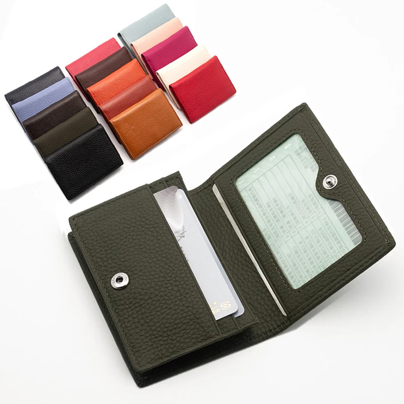 Genuine Leather Business Card Holder Bifold Credit Card Case with ID Window for Men Women