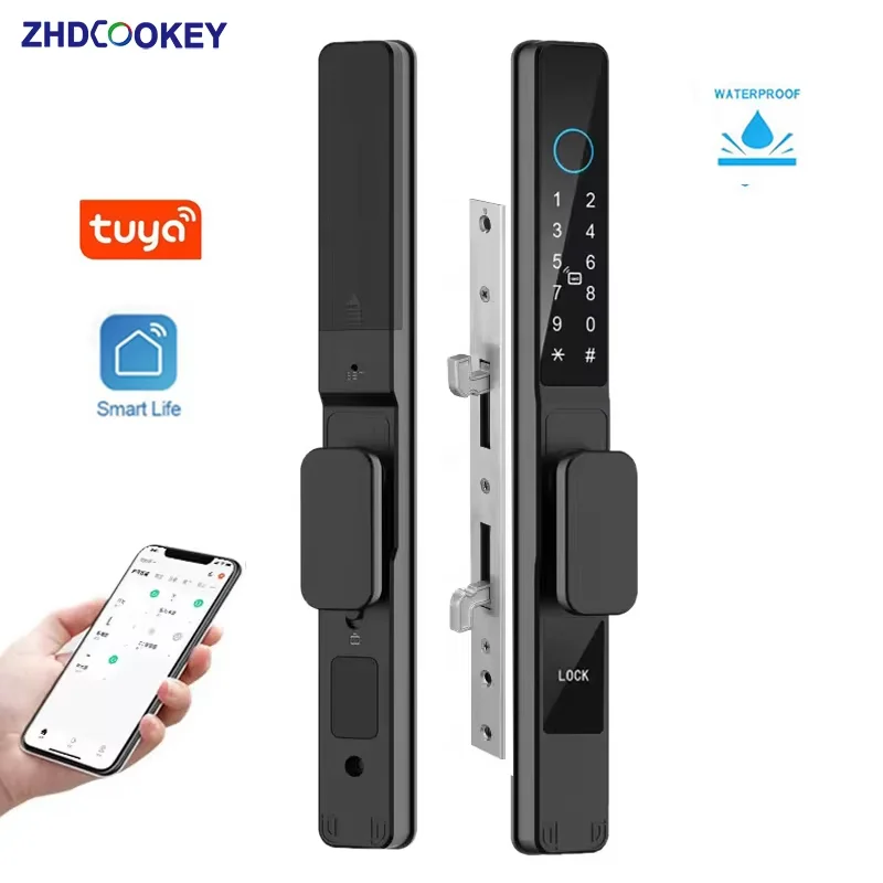 Tuya Wifi APP กันน้ำสมาร์ทล็อคลายนิ้วมือรหัสผ่านอลูมิเนียมล็อคประตูบานเลื่อนสำหรับกลางแจ้งดึงประตูบานเลื่อน 1