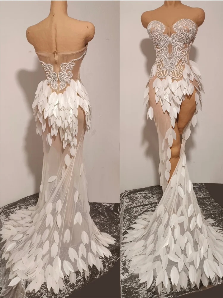 New Arrival Women Sexy Strapless Sequined Leaves Mesh Bodycon Mermaid Dress Beading Elegant Evening Wedding Party Outfit