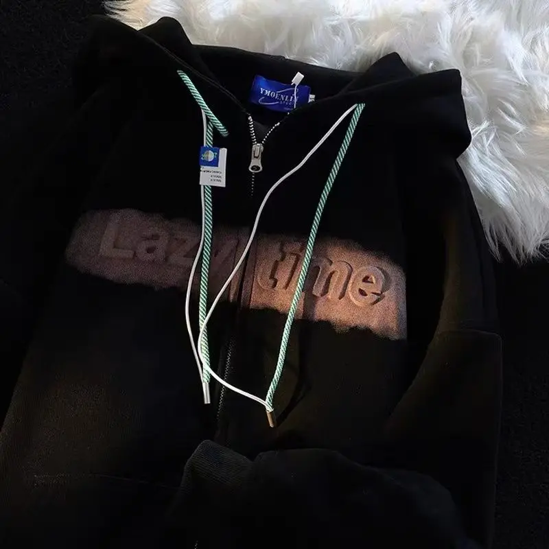 High Quality 3D letter zip up hoodie Street loose sweater Korean loose couple oversized hoodie y2k goth winter clothes women