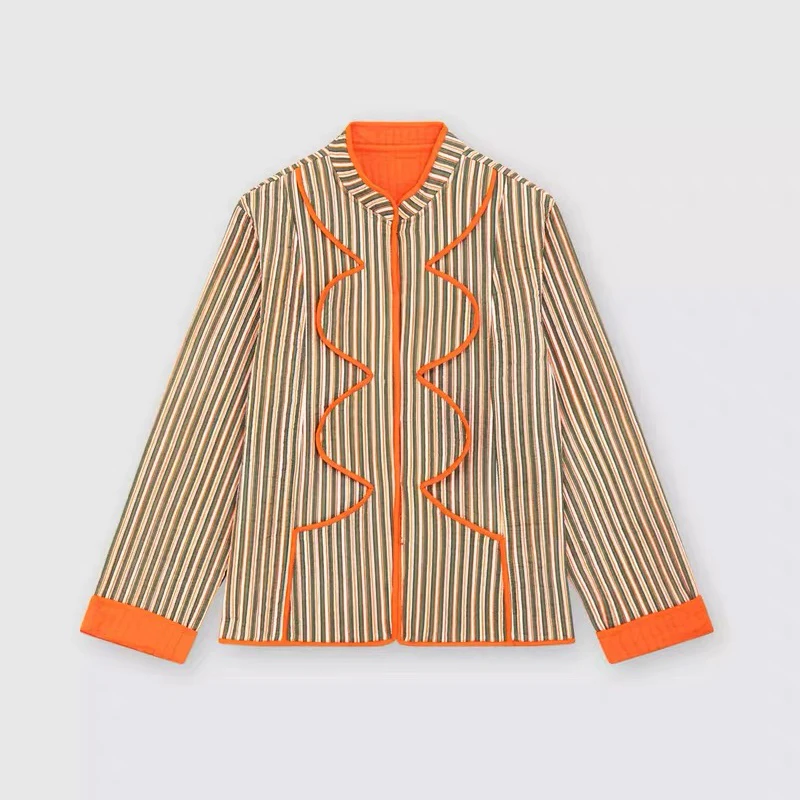 

Женская теплая куртка в полоску, с воротником-стойкой и длинным рукавом