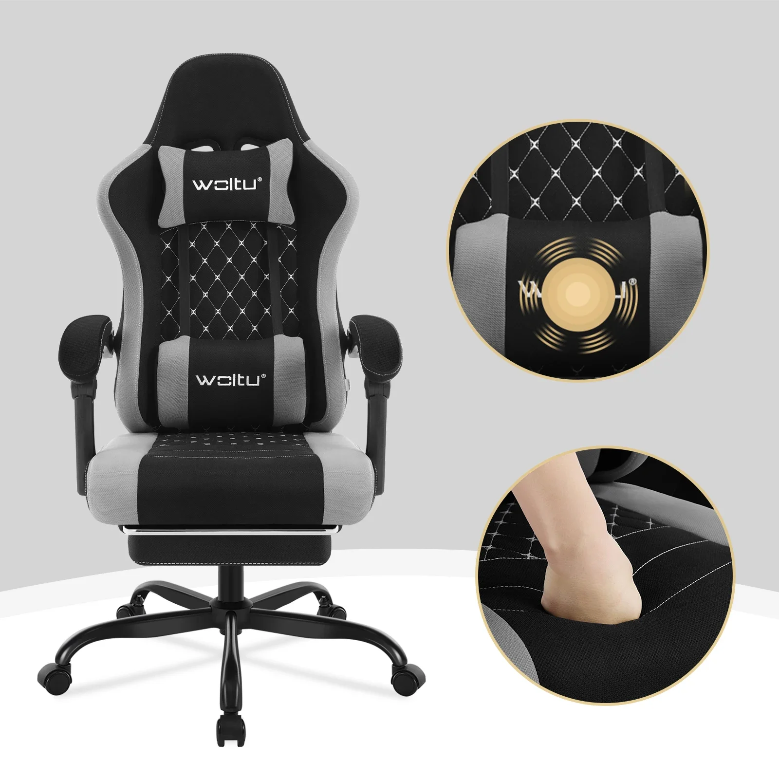 WOLTU Gaming-Stuhl, ergonomisch, drehbar, für Computer, Gamer, Massage, Bürostuhl mit Kissen, Fußstütze, verstellbare Kopfstütze, Lordosenstütze – Detail 9