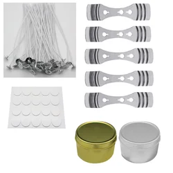 Kit de fabrication de bougies, fournitures comprenant 5 supports de mèches de bougie, 50 pièces, autocollants de mèche, 5 3 trous, 2 bocaux 