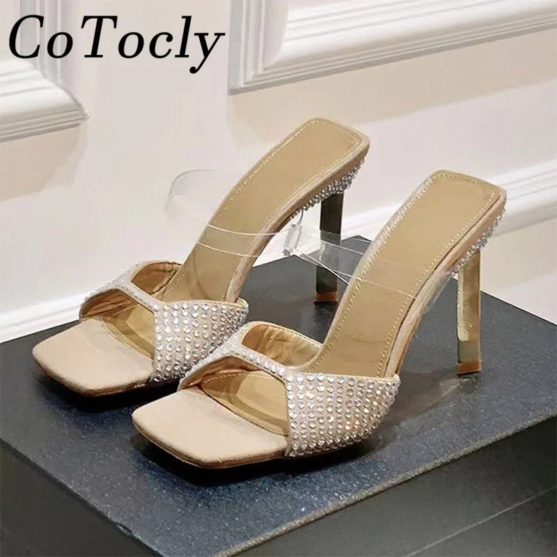 

Sexy High Heels Slippers Women Square Peep Toe Mules Luxury Crystal Party Shoes Summer Slides Stiletto Gladiator Sandals Woman