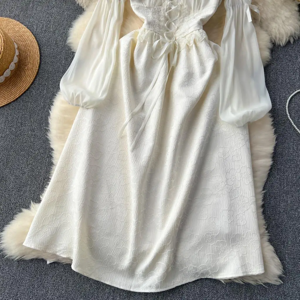 Autumn Elegant Wedding Princess Party Dress Women Korean Jacquard Fairy Vintage Lace-up Lantern Sleeve Dresses Vestidos