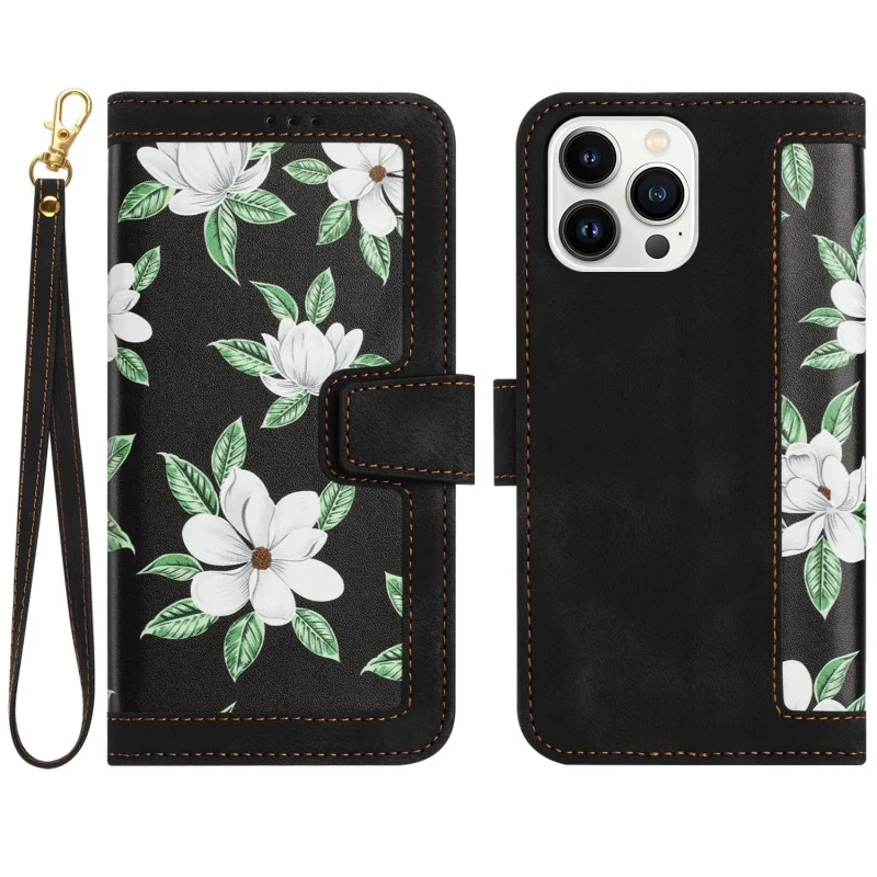 Embossed Flower Leather Wallet Phone Case with Wrist Strap and Card Holder