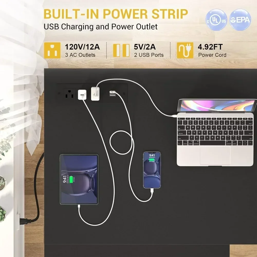 "versatile l-shaped desk with integrated power outlet and led lighting, reversible corner desk for gaming with storage and monit