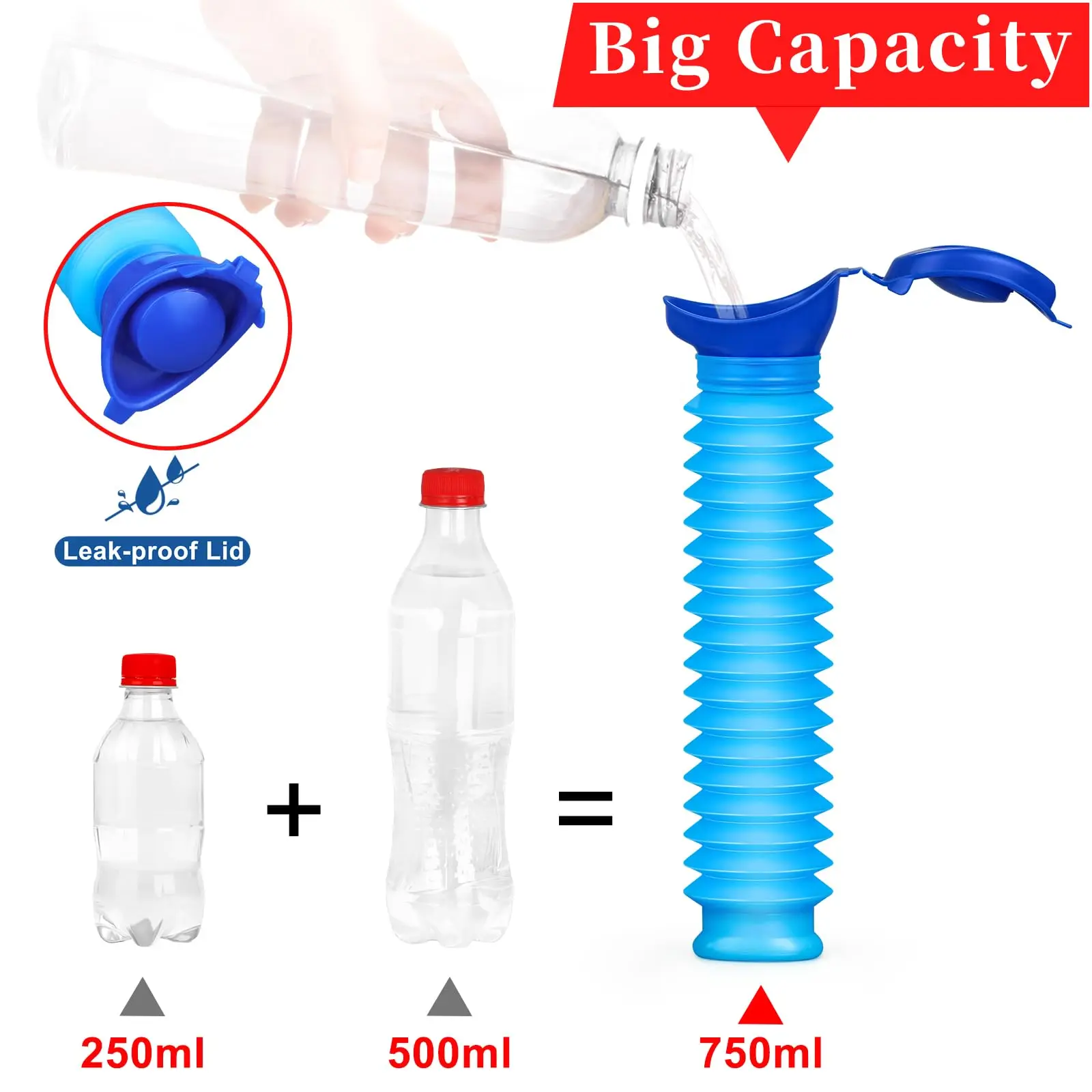 남성용 소변병, 접이식 소변병, 일회용 교체용 백 포함, 남녀공용 차량용 소변병, 750ml, 누수 방지