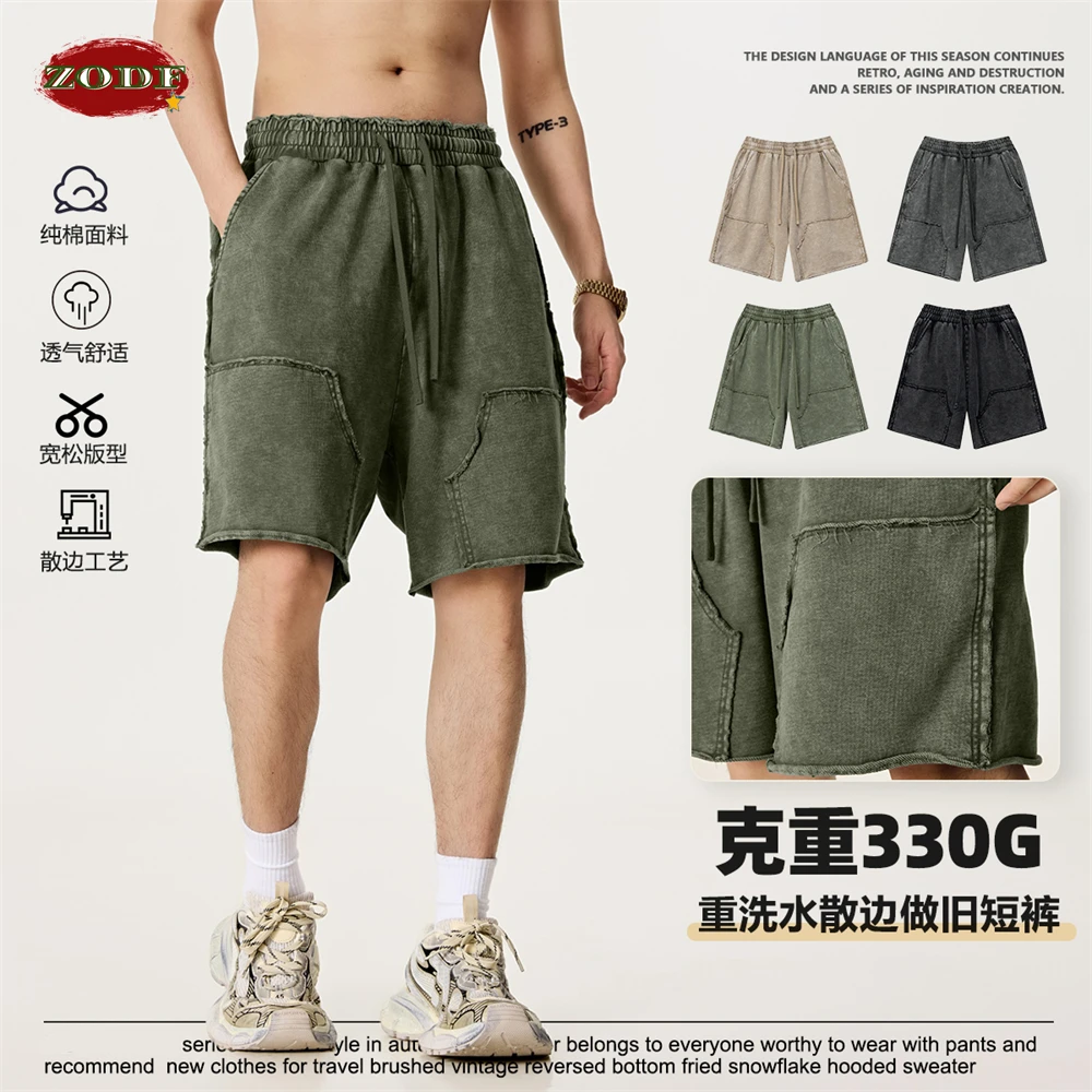 ZODF Retro Men Summer Batik Washed 330gsm Cotton Shorts Unisex High Street Loose Fit Distressed Shorts HY1020 1