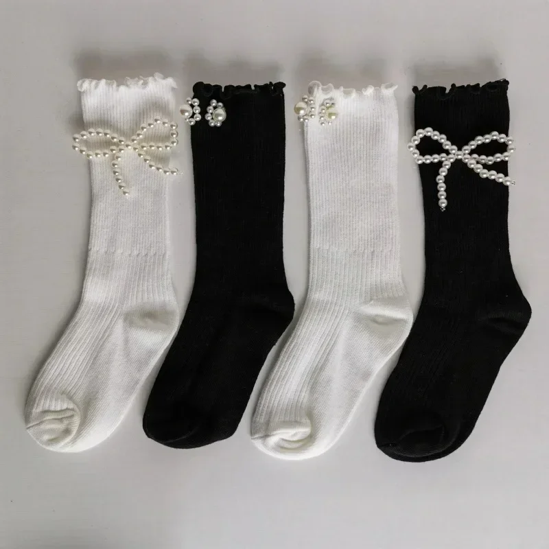 Pearl Girls Socks Cute Children's Medium Tube Spring Autumn Girls Lace Pile Lolita Princess Socks