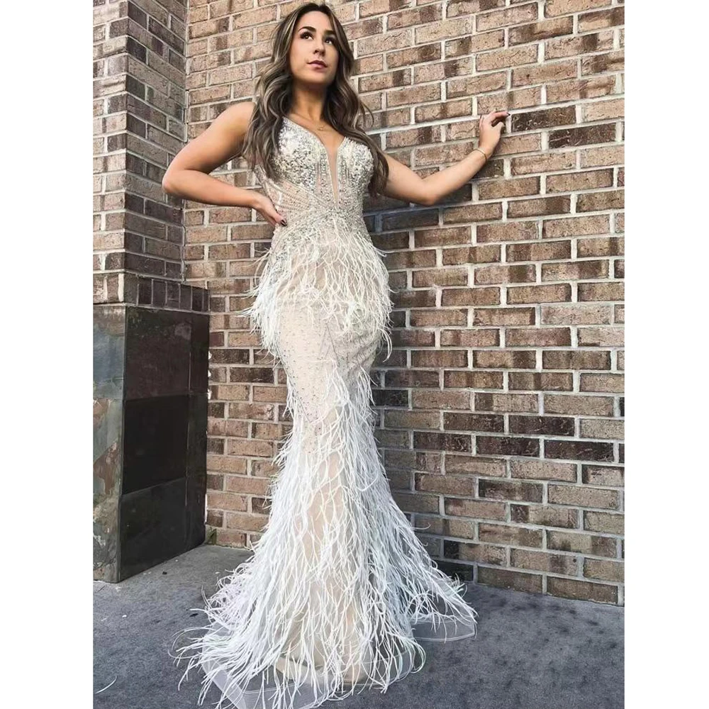 

White Feathers Evening Dress 2024 For Women Mermaid Arabic Elegant Sequined Luxury Dubai Beaded Formal Party Prom Gowns Vestidos
