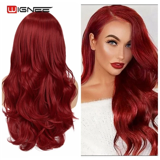WIGNEE Bluish Light Blue Wig Synthetic Ombre Long Wavy Body Wave Side Part Heat Resistant Natural Hair Wigs For Women Cosplay Deep Red