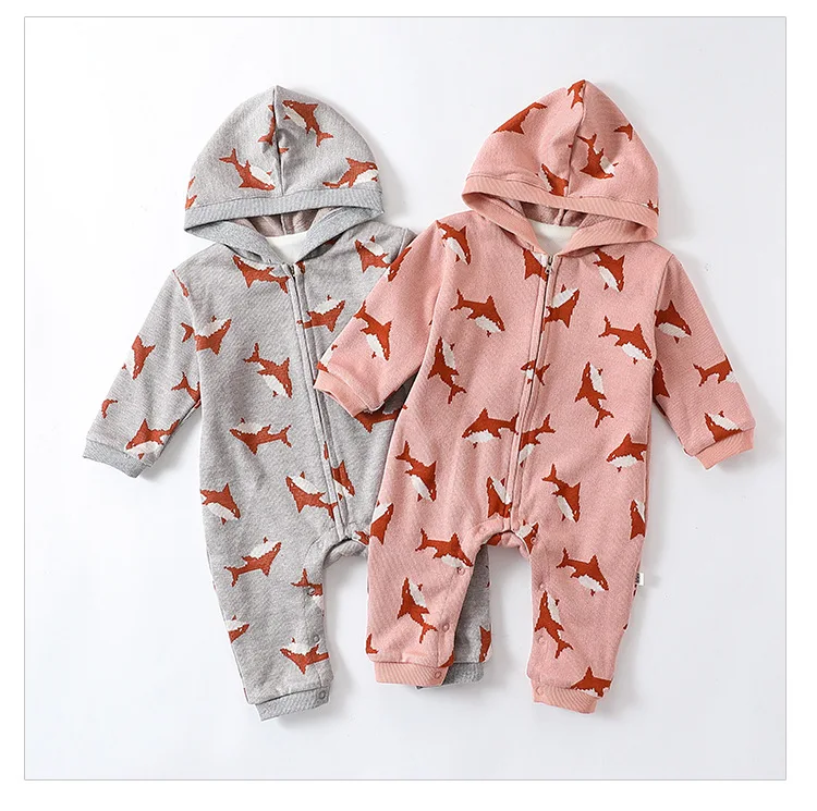 

Baby Onesie 2023 Winter Newborn Baby Boy Girls Plush Thickened Hooded Jumpsuit Cute Print Warm Out Climbing Clothes