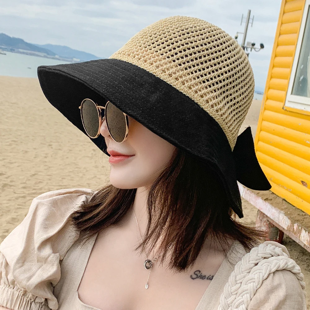 

2024 New Summer Sunscreen Hat Fashion Bucket Hat Folding Bow Sun Hat Sunscreen Hat UV Protect Wide BrimWide Brim Cap for Women