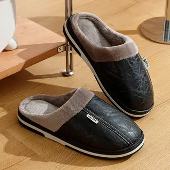 Mens Winter Slippers PU Leather Waterproof Indoor House Shoes Big Size Warm Fur Lined Home Bedroom Slippers