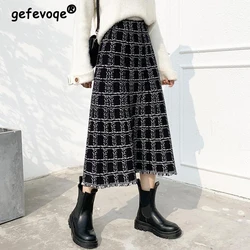Vintage Plaid Elegant Chic Tassel Knitted Midi Skirts for Women Autumn Winter Korean Fashion Ladies High Waist Slim A-line Skirt
