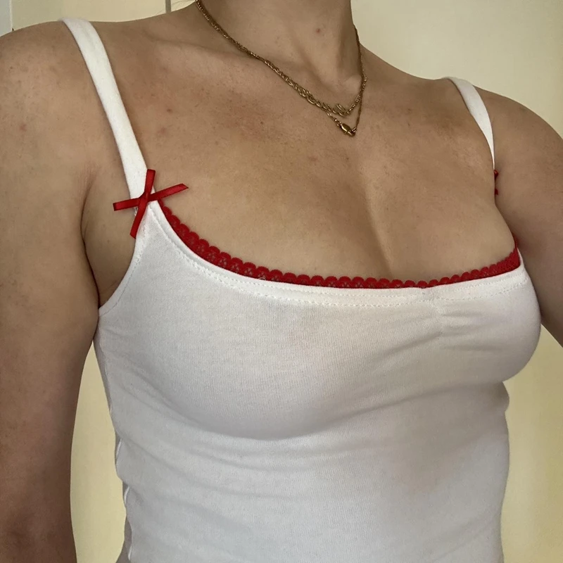 Streetwear Fairy Y2K 00s Cutest Camis Tops Kawaii Bow Lace Trim Strap Crop Tops Cottage Vintage Slim Fit Tank Tops Women Vest