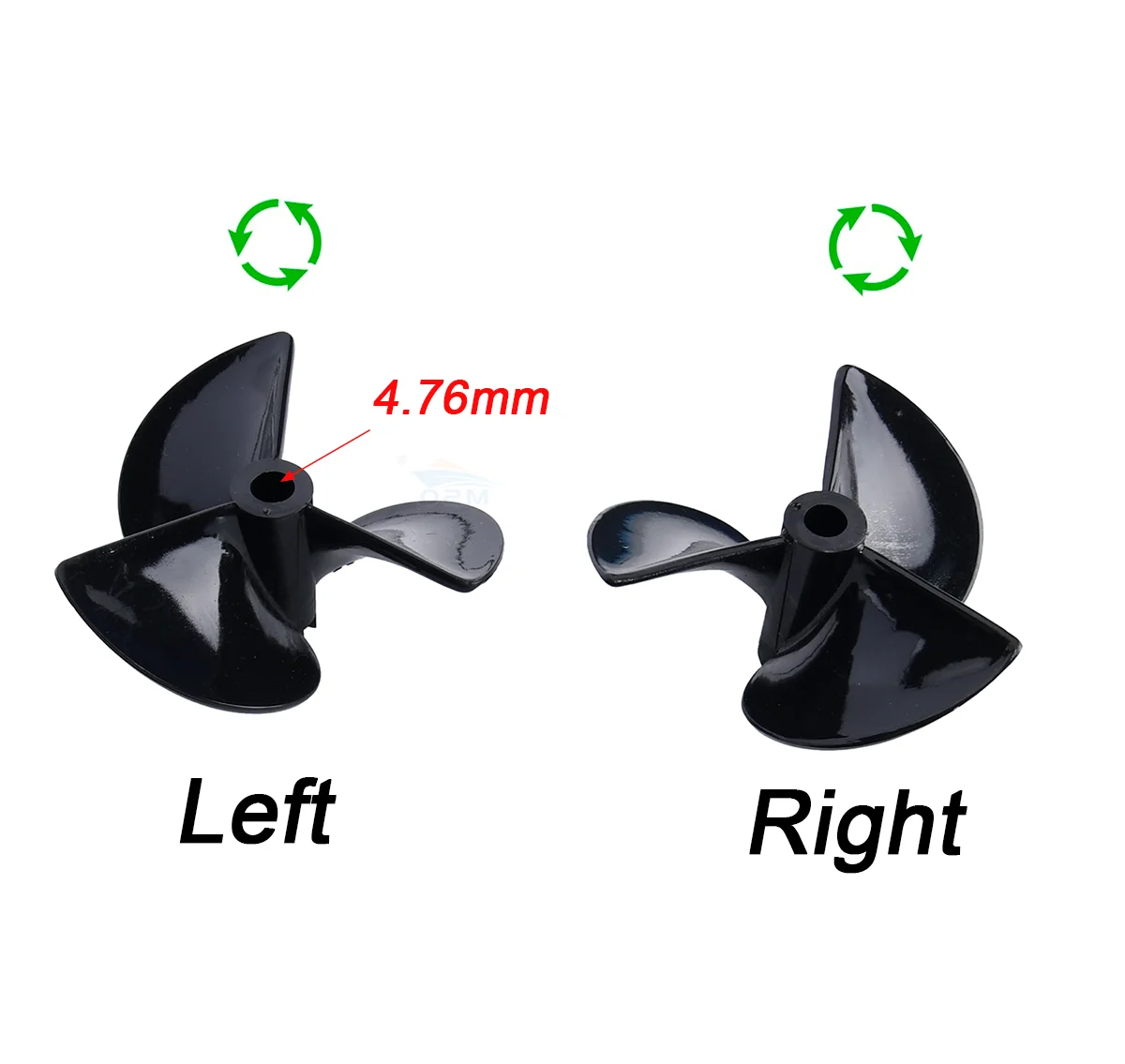 Hélices 3 pales nylon pour bateau RC, D52mm et D55mm, posées sur fond blanc avec reflets.