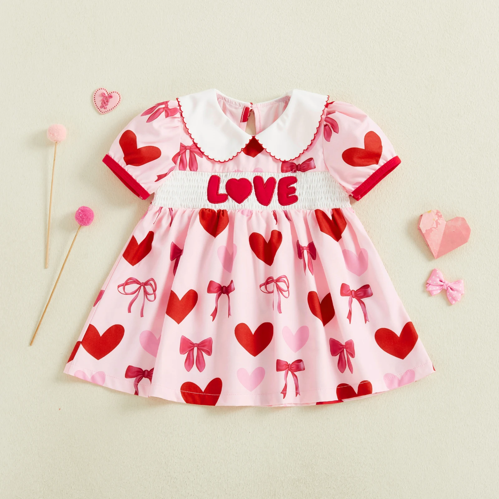 Girls Valentine s Day Dress Sleeveless Heart Print Dress with Ruffle Collar and Bow Detail Summer Party Dress for Kids