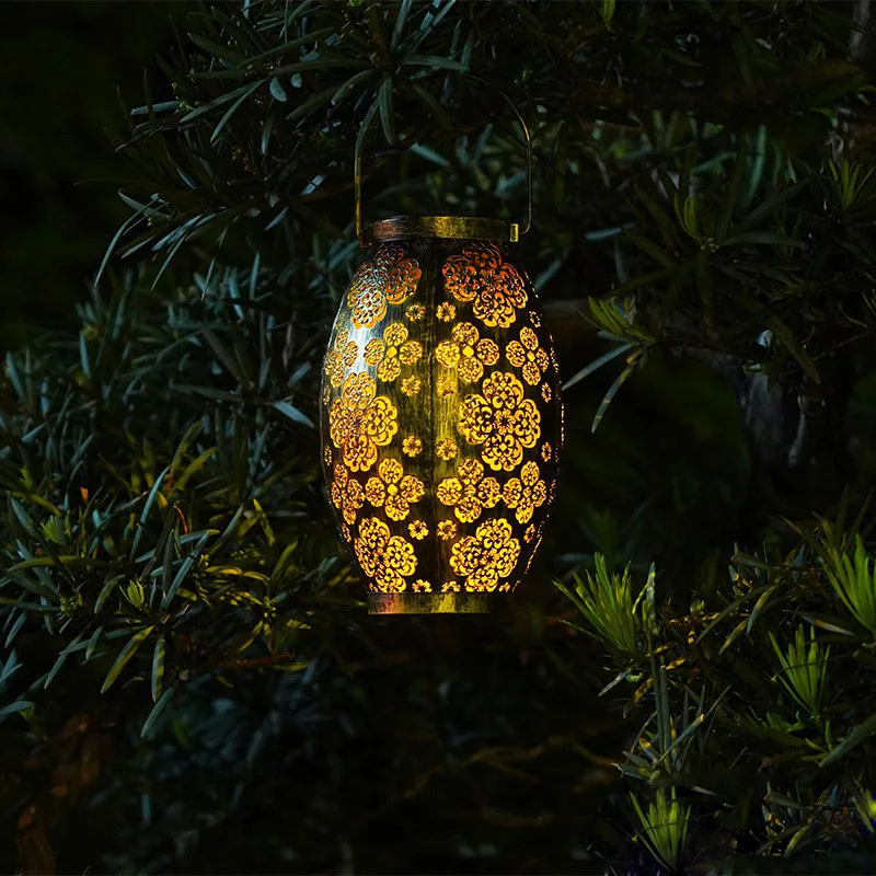 Vintage Hanging Iron Hollow Outdoor Solar Lantern Designer Sun light Yard Pathway Retro Exterior Solar Powered Garden Lantern 5