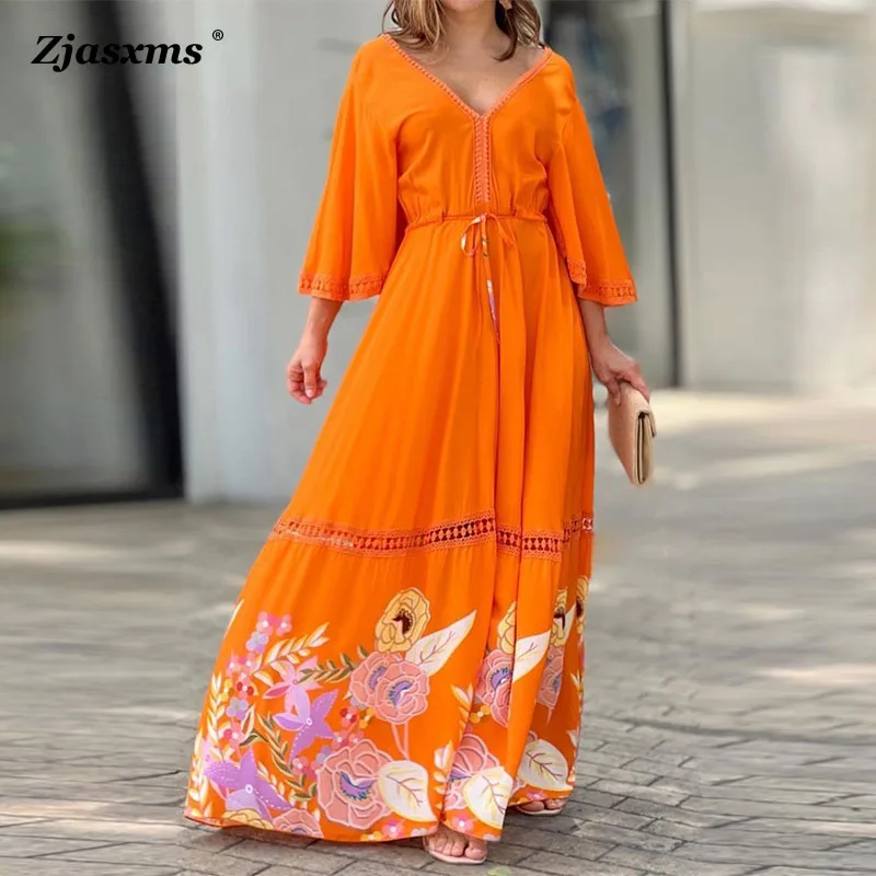 

Женское платье со шнуровкой и средней талией, Осеннее женское длинное платье с расклешенным рукавом и принтом, весеннее женское Плиссированное Платье с V-образным вырезом, 3/4