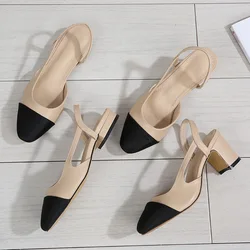 2024 Summer New Pointed Toe Sandals Fashion Low Square Heels Flat Shoes Korean Color Matching Party Ladies Shoes Chaussure Femme