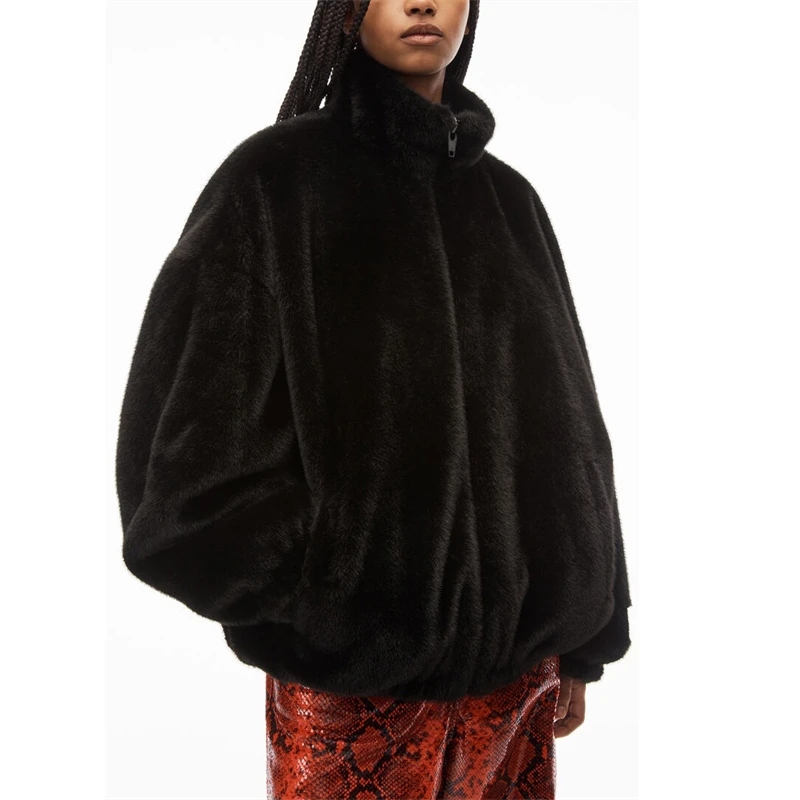 

New winter women's high collar smooth high brightness artificial fur cotton coat high quality fashion luxury warmfake fur jacket