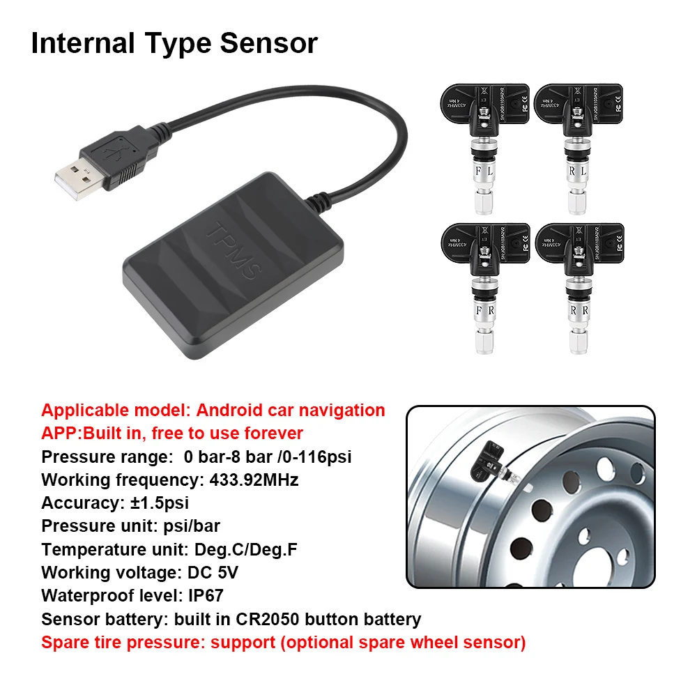 לרכב TPMS רדיו DVD נגן אנדרואיד TPMS חיישן פנימי חיצוני לצמיגים מערכת מעקב ללחץ הצמיגים USB