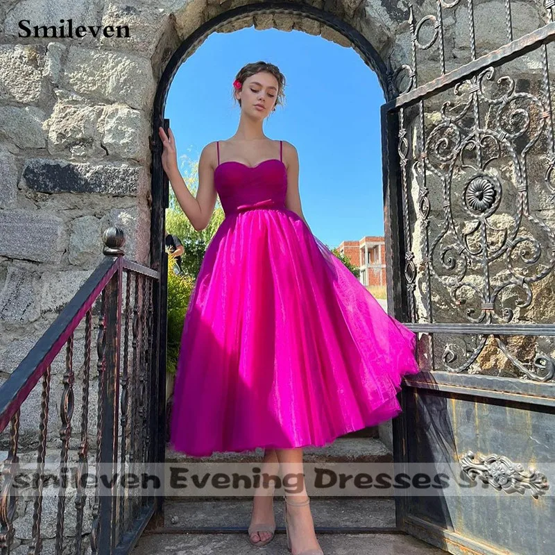 

Smileven Hot Pink Short Prom Dresses A Line Spaghetti Strap Tea Length Evening Dress Sweetheart Neck Prom Party Gowns 2022