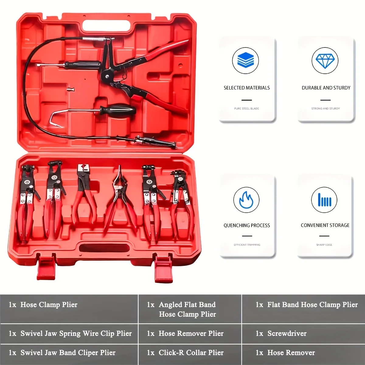 9-teiliges Draht-Schlauchklemmenzangen-Set für Kraftstoff-, Öl- und Wasserschläuche, Auto-Werkzeuge, Rot – Detail 7