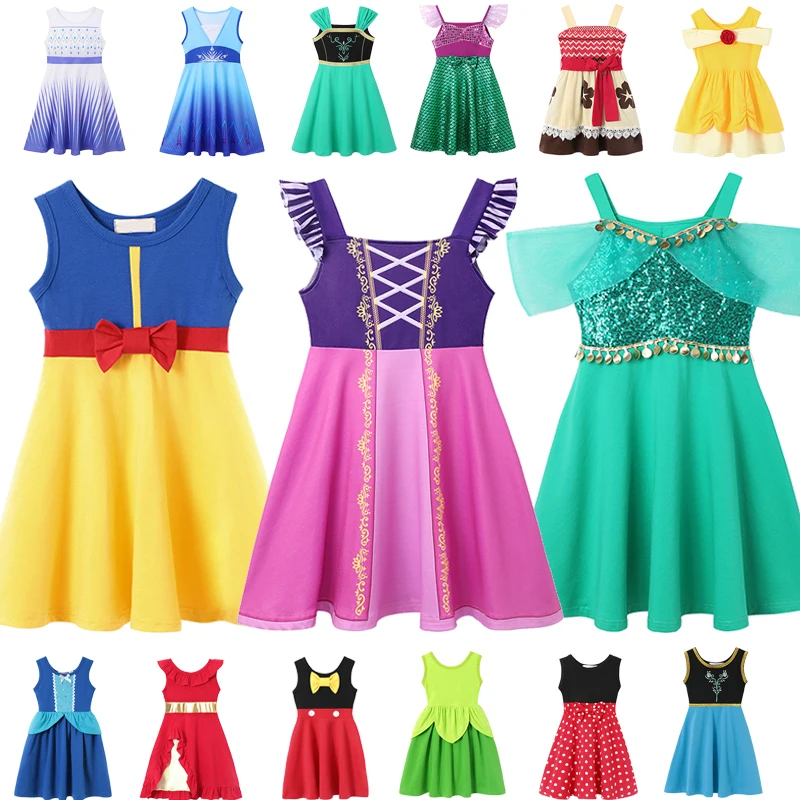 

2024 Summer Casual Dresses Girls Princess Cotton Vest Dress Snow White Rapunzel Jasmine Casual Costume Birthday Party Clothings
