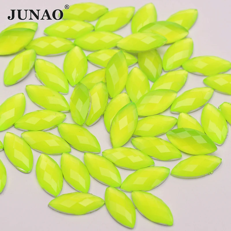 JUNAO 100Pcs 7x15mm Neon Yellow Color Horse Eye Resin Rhinestones Stones And Crystals Flatback Strass Non Sewing Beads for Craft