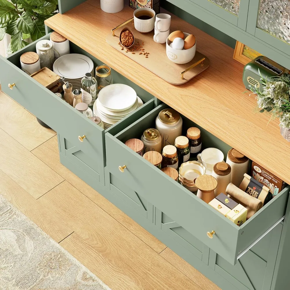 71" Pantry Cabinet with LED Light and Charging Station, Farmhouse Kitchen Pantry Cabinet with Microwave Stand, Customized 5
