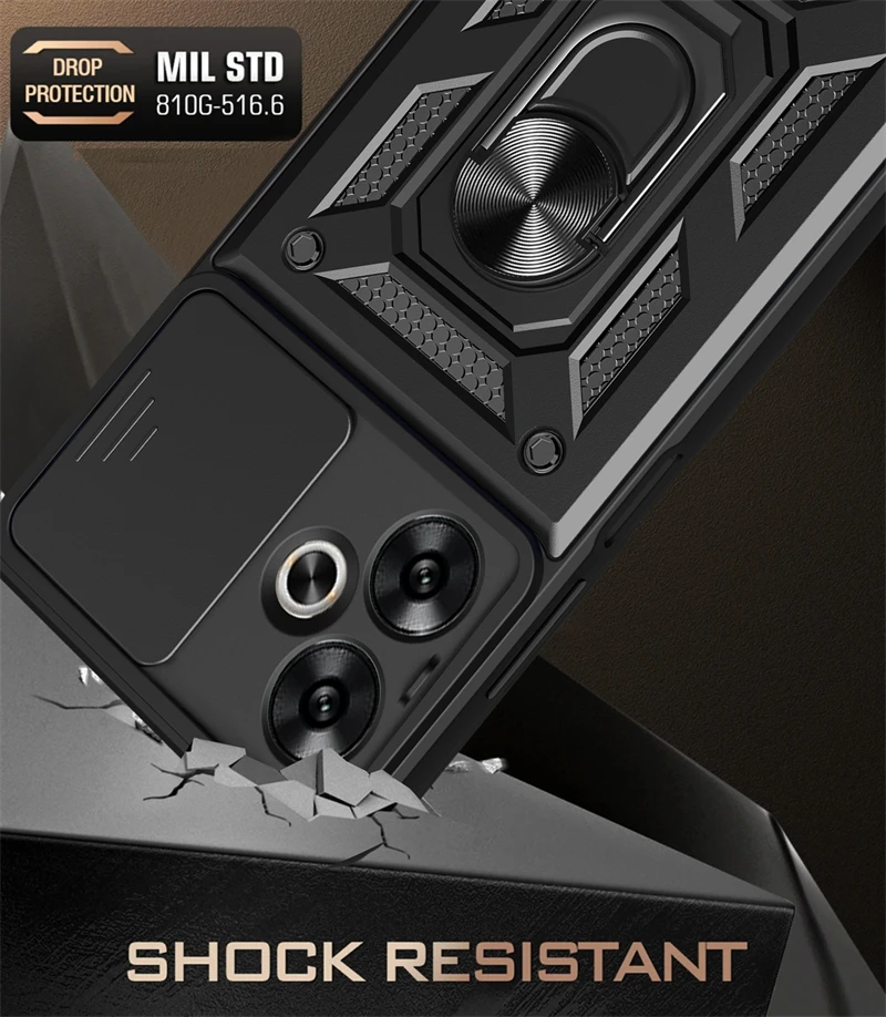 Slide Lens Protect Phone Case with Metal Ring Stand and Armor Back Cover