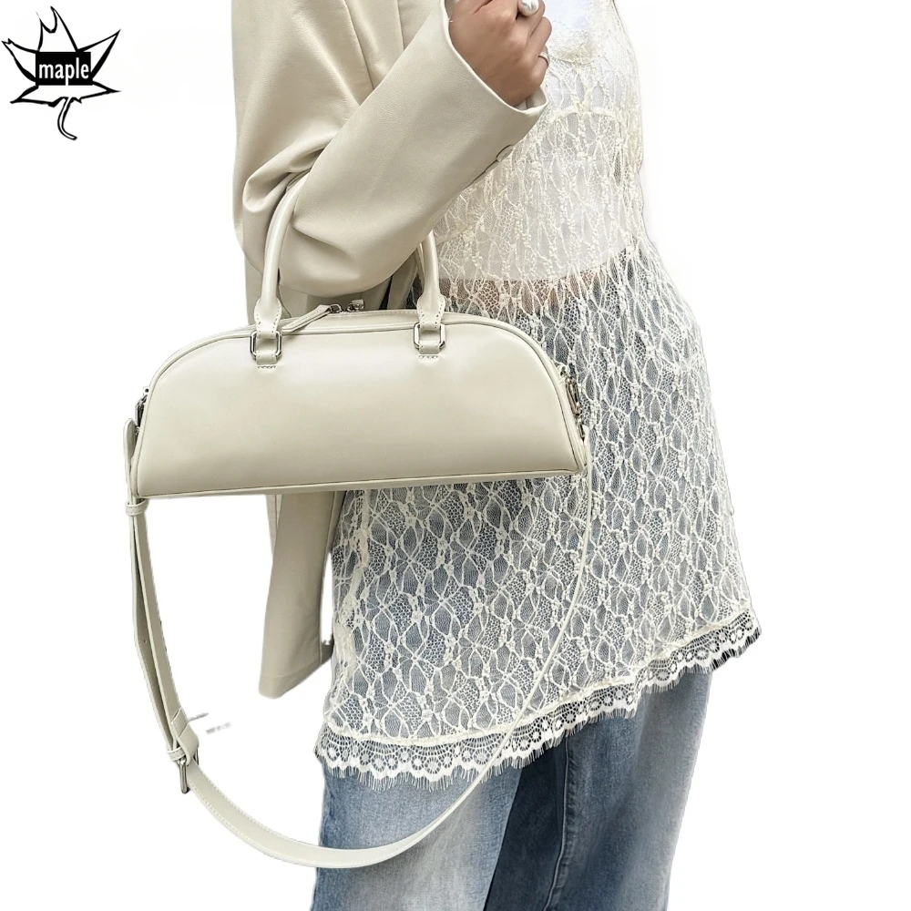 

New Fashion Trendy All-match Bowling Tote Silver Beige Glossy Split Cow Leather Women's Handbag Travel Shoulder Bag