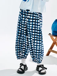IMAKOKONI Original Design Blue Plaid Elastic Waist Loose Pants Summer Thin Loose Crop Pants Women's 234100