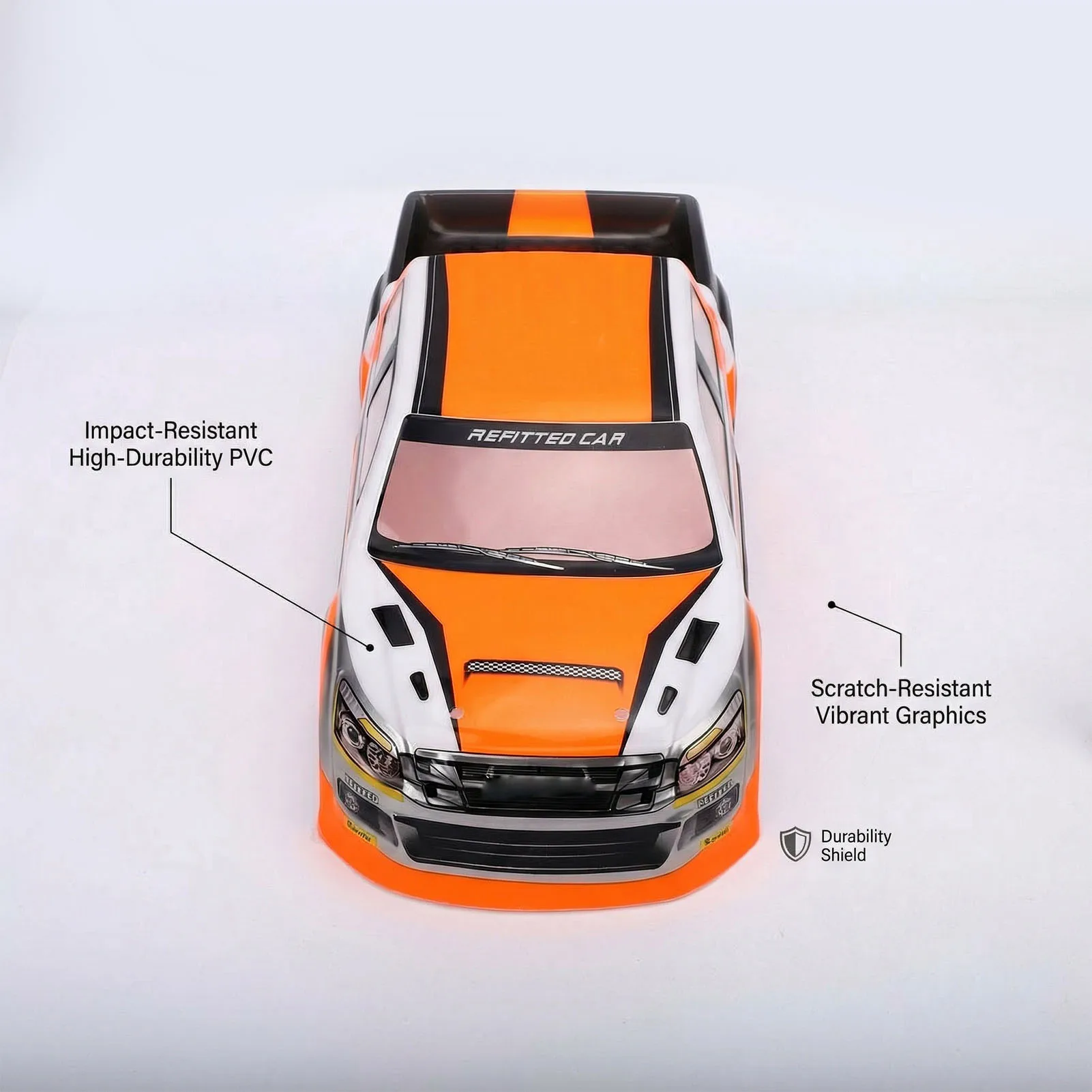 Coque de carrosserie pour voiture RC 1:10 adaptée à un camion 26cm d'empattement, prête à être montée.