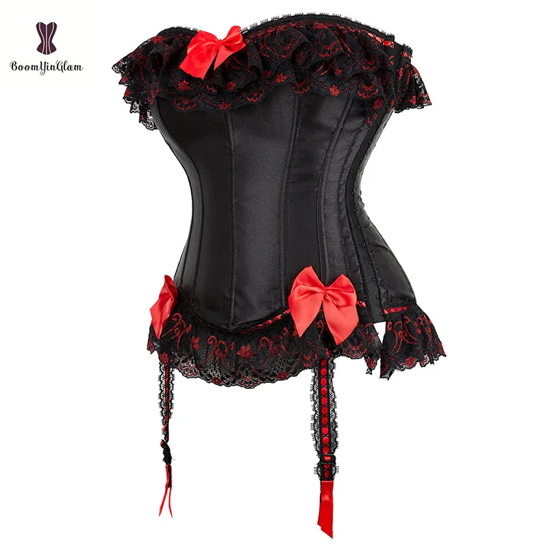 High Quality Plus Size Waist Trainer Satin Women Bustier Bow Decorated Body Shapewear Lace Trim Corset With G String 8069#