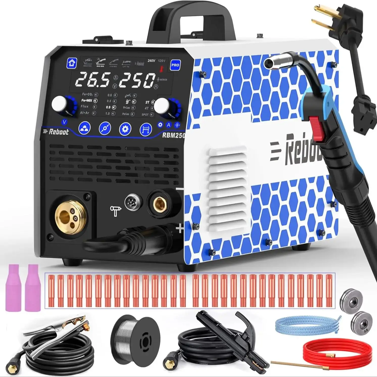 Reboot 250Amp MIG Welder 120V/240V RBM2500 PRO, 8-in-1 Dual Aluminum Modes, Gas/Gasless MIG/Lift TIG/Stick/Spool Gun