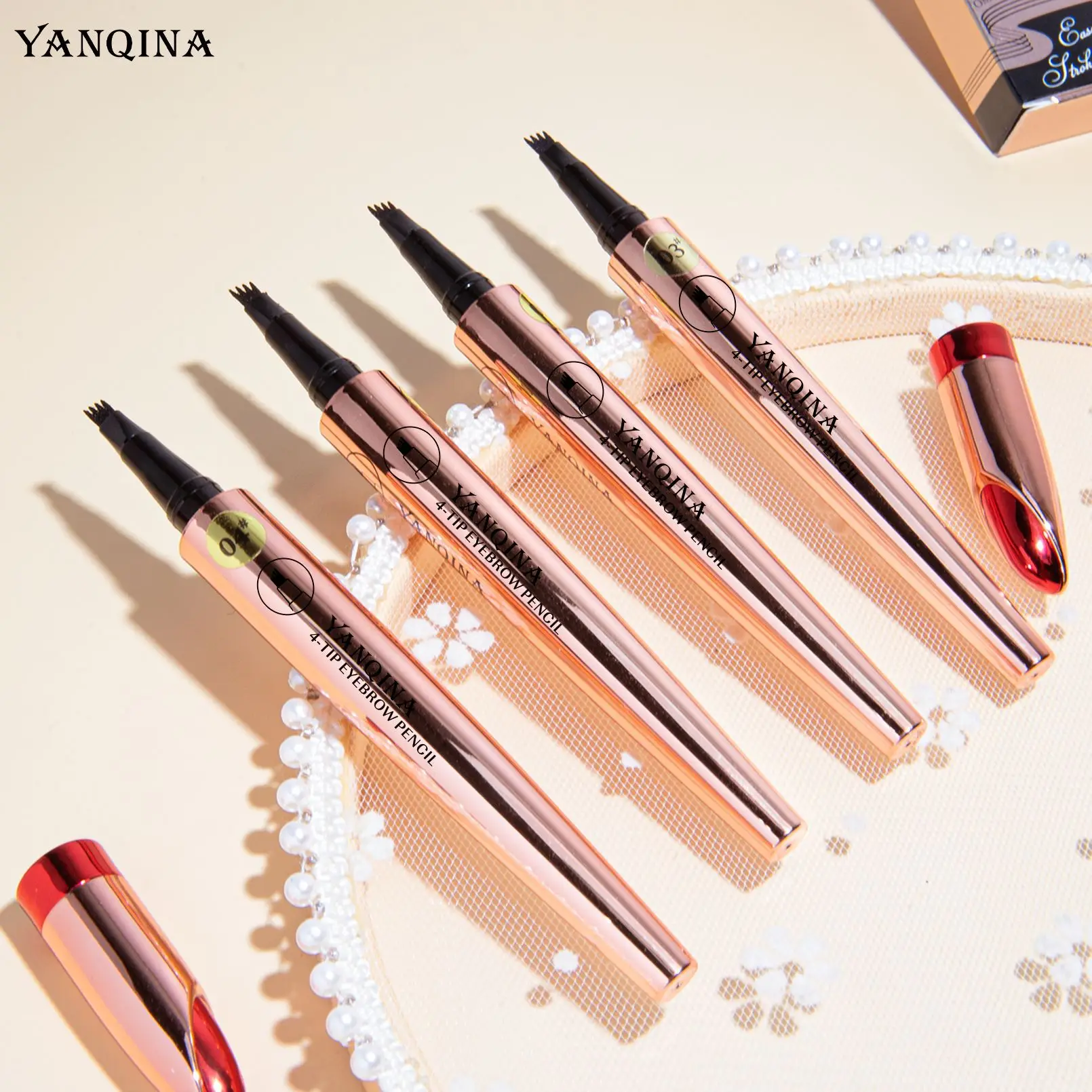YANQINA Eyebrow Pencil 4-Tip Microblade Eyebrow Pen Smudge-Proof Waterproof Long-Lasting Natural Eye Brow Pencils for Women 4