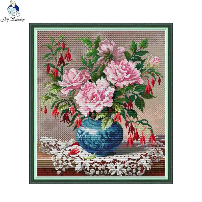 JoySundayRosesandFuchsiaPrintedCanvasCrossStitchDIYEmbroidery