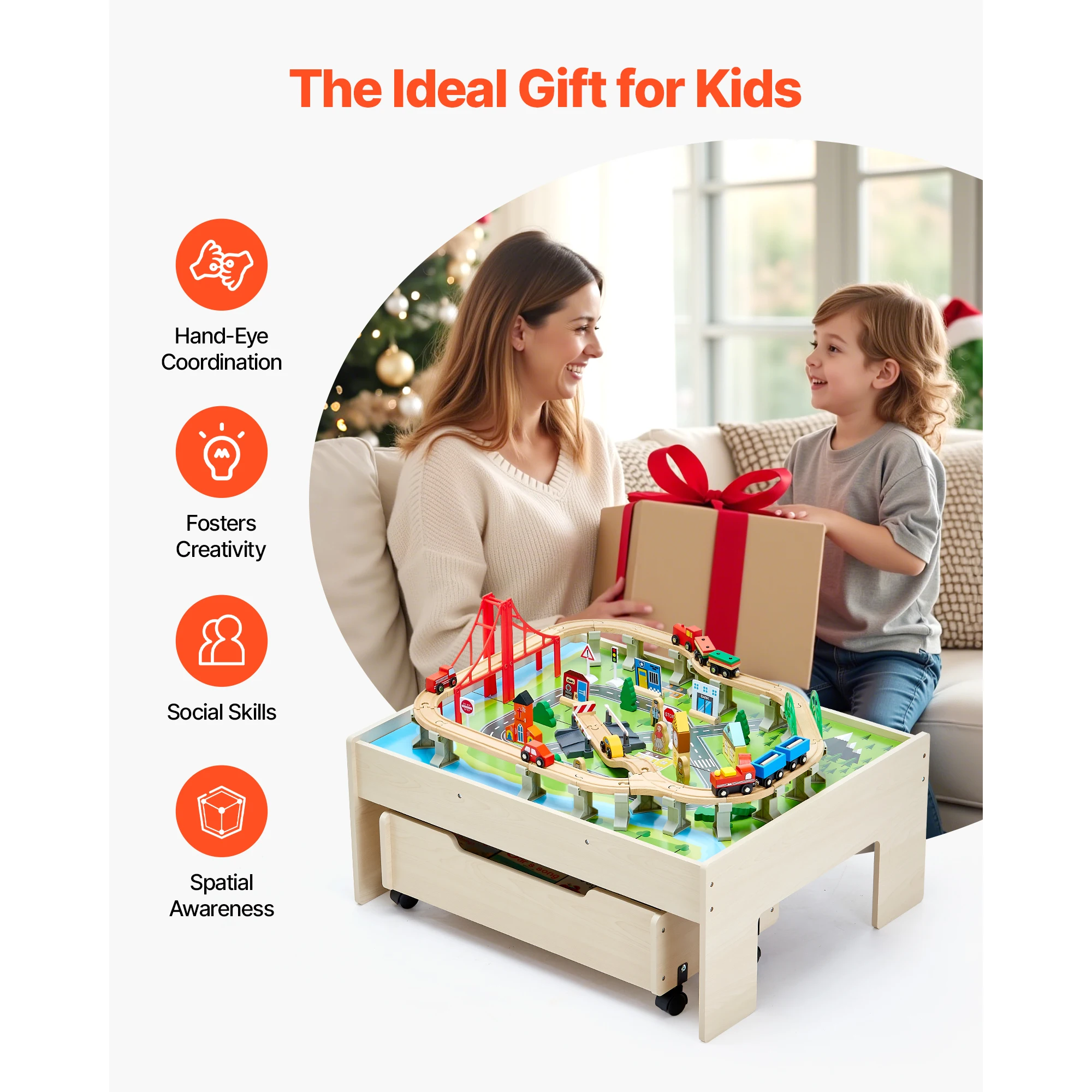 Wooden Multicolor Kids Train Table with Rolling Drawer