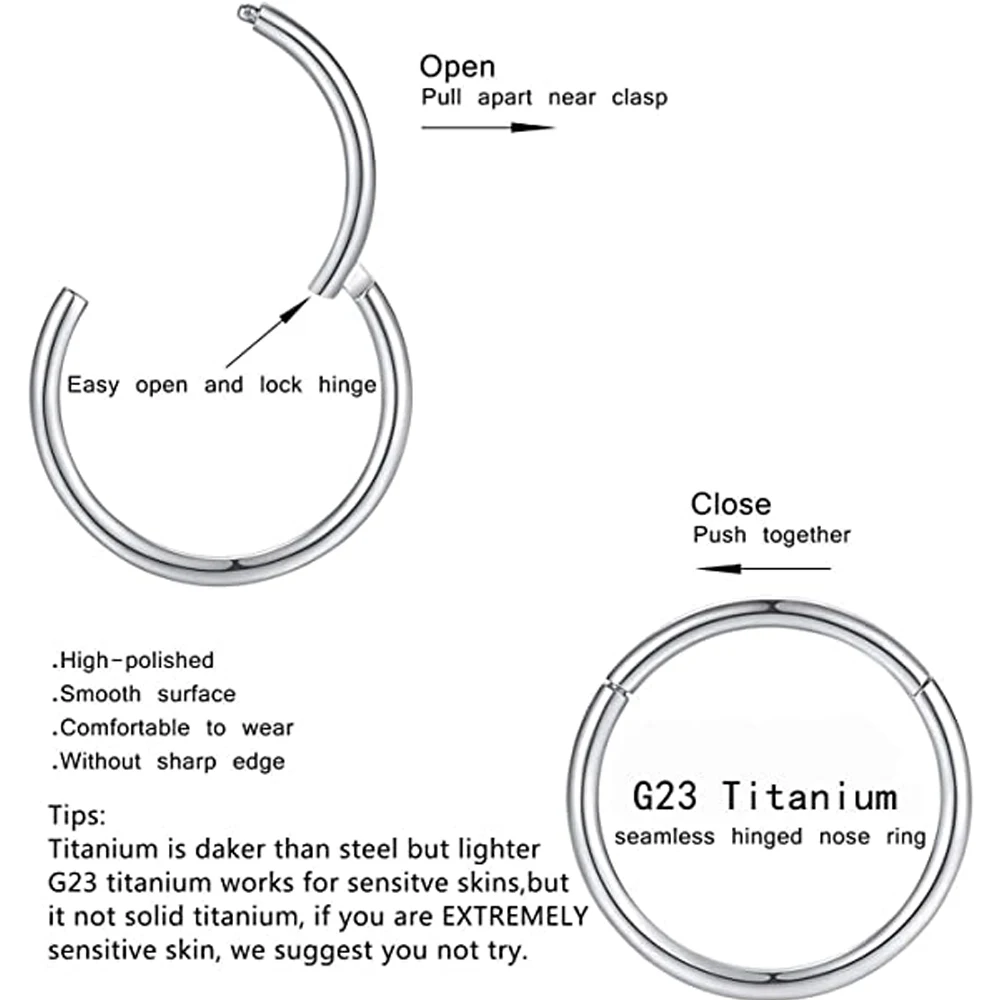 Nose Rings G23 Titanium Nose Rings Hoop 20G 18G 16G 14G Diameter Helix Conch Cartilage Piercing Jewelry Segment Lip Ear Ring For Women Men