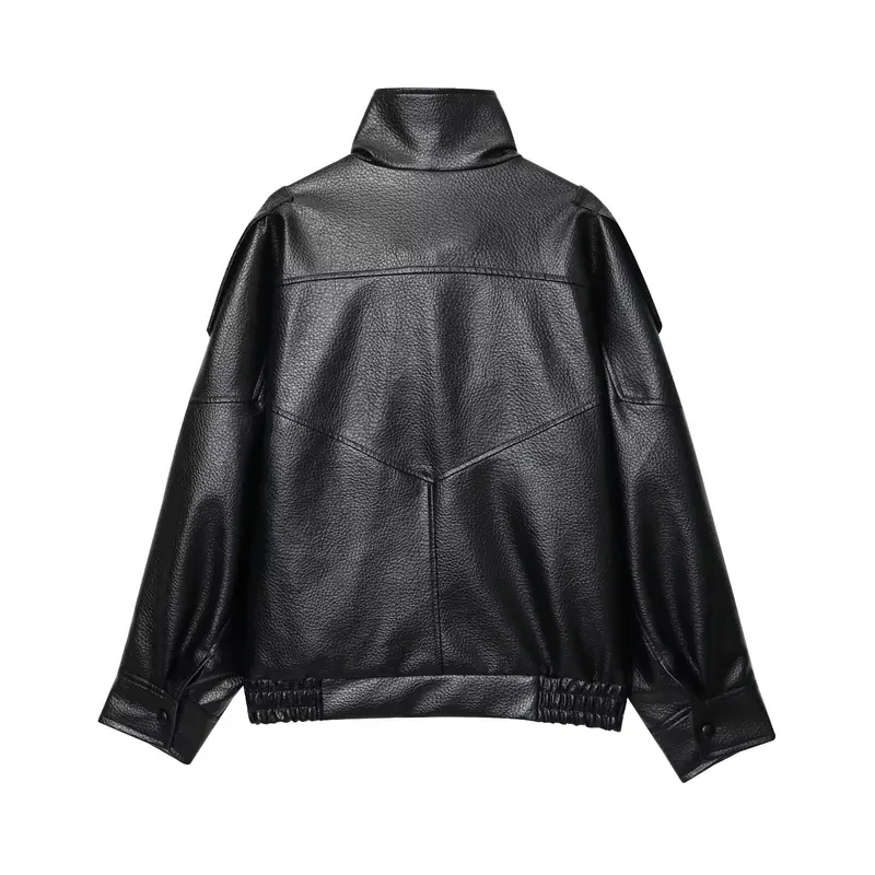 TFMLN Chic Black Faux Leather Jackets Women Long Sleeve