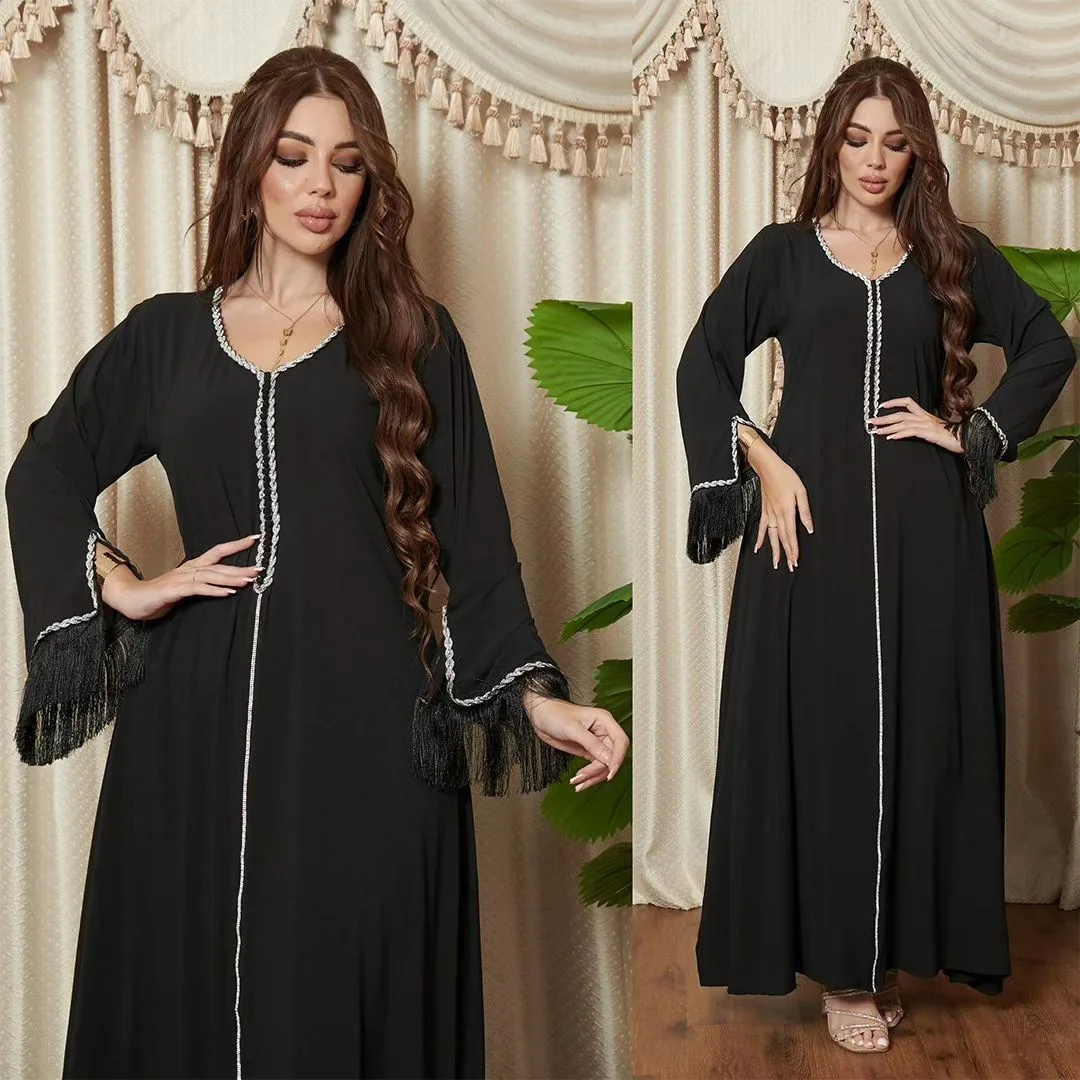 Jalabiya Abaya Dubai Women Elegant Arab Muslim Arabic Long Party Modest Dress Diamonds Tassels Saudi Moroccan Kaftan Robe Islam