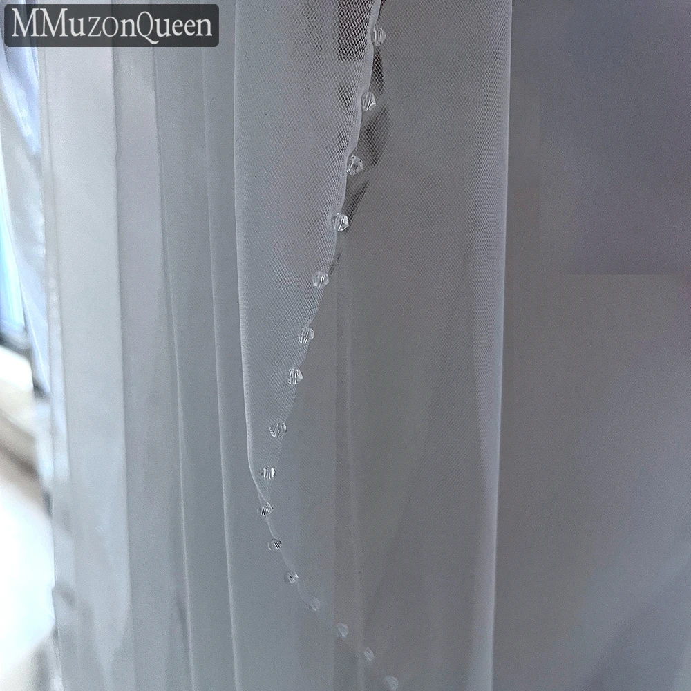 MMQ M20 Crystal Edge Wedding Veil with Comb White Soft Tulle Yarn 1 Tier Fingertip Length Tassel Bridal Veil