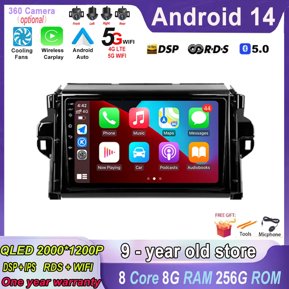 

Android 14 для Toyota Fortuner 2015 - 2023 стерео Мультимедийный GPS-навигатор беспроводной Carplay WIFI Автомагнитола