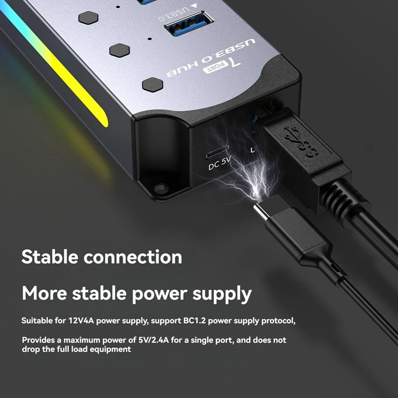 USB 3.0 허브, LED 스트립이 포함된 7포트 RGB 허브, 다이나믹 모드, 스위치, PC용 알루미늄 케이스 허브, 노트북 EU 플러그-A32R